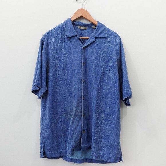 Tommy Bahama Shirt Men Medium Blue Silk Hawaiian Camp Beach Tropical Floral Leaf - Picture 1 of 15